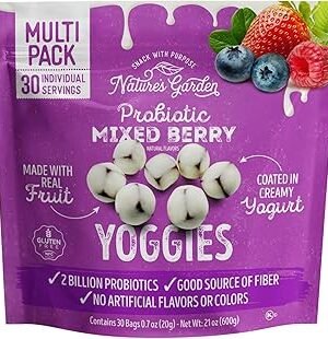 Nature's Garden Probiotic Mixed Berry Yoggies, 21oz (30 x 0.7oz) - Yogurt Covered Fruit Snack, High Fiber, Real Fruit Pieces, Fruit Snack Packs for Adults & Kids