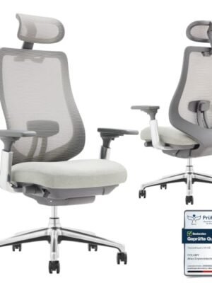 COLAMY XK Atlas Ergonomischer Bürostuhl, Netz-Chefsessel mit verstellbarem Kopfstütze, Computer Schreibtischstuhl Drehstuhl mit 4D-Armlehnen, Aluminium Basis/Schiebesitz/Neigungssperre, Hellgrau